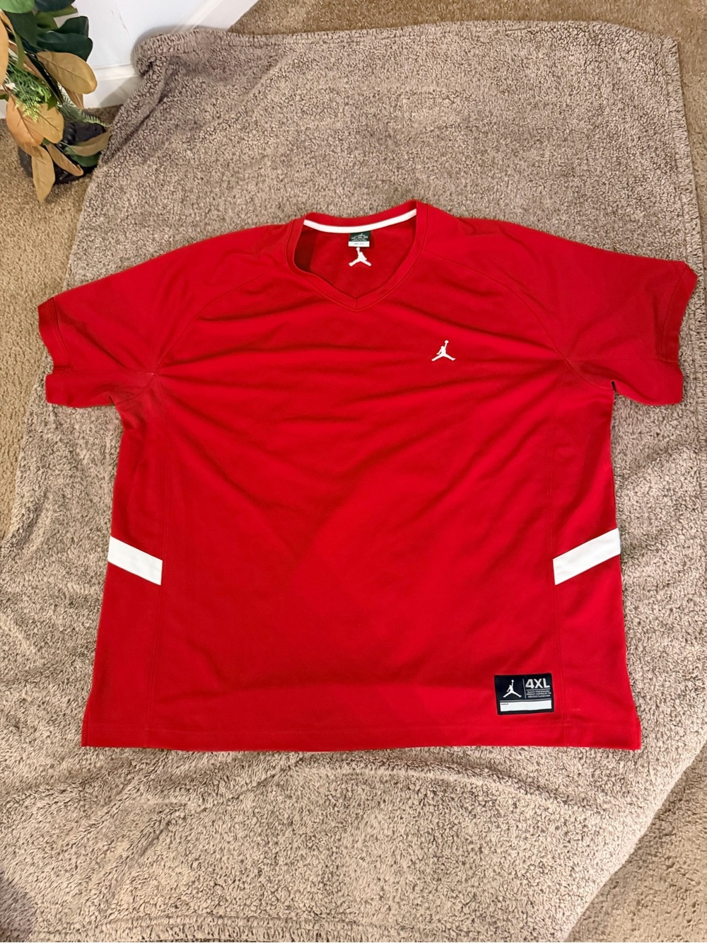 Jordan Red Short-Sleeve V-Neck Athletic Tee with White Accents